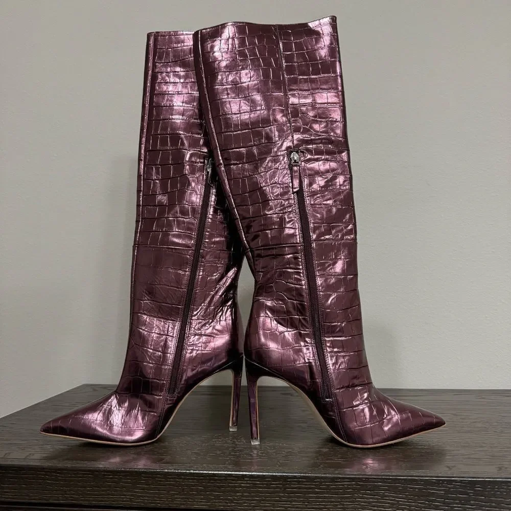BLACK SUEDE STUDIO Tall Stiletto‎ Boot Croc Embossed Point Toe Oxblood Metallic